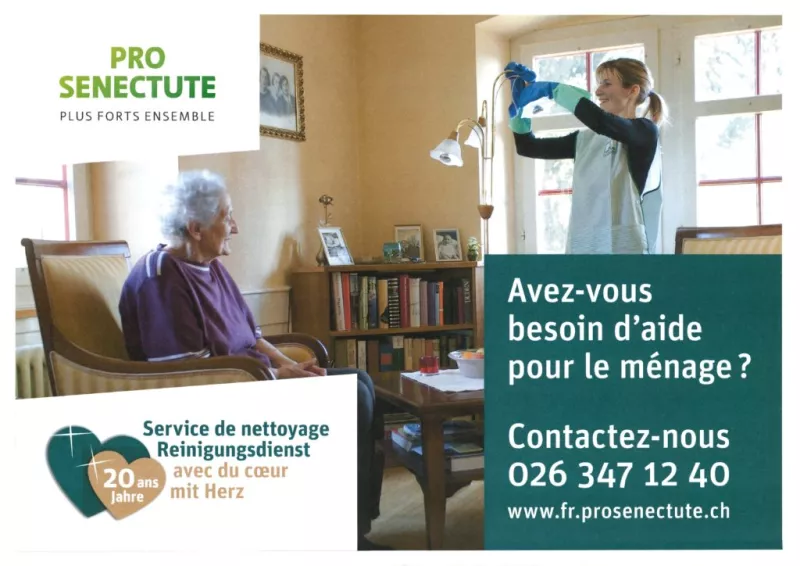 Flyer du service de nettoyage de Pro Senectute : avez-vous besoin d’aide pour le ménage ? 026 347 12 40