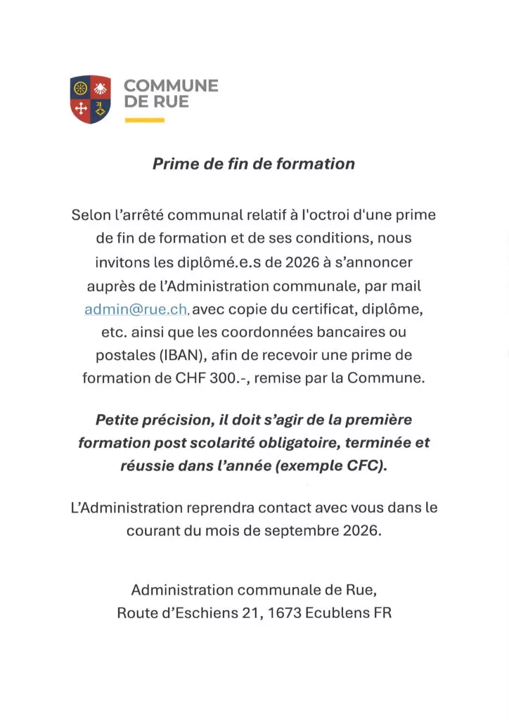 Affiche de la Commune de Rue sur la prime de fin de formation 2026