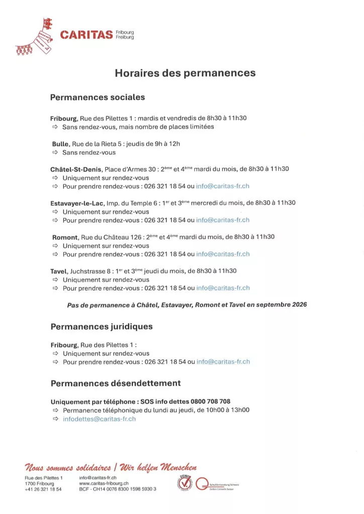 Horaires des permanences de Caritas Fribourg, en français