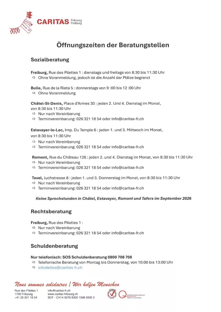 Horaires des permanences de Caritas Fribourg, en allemand