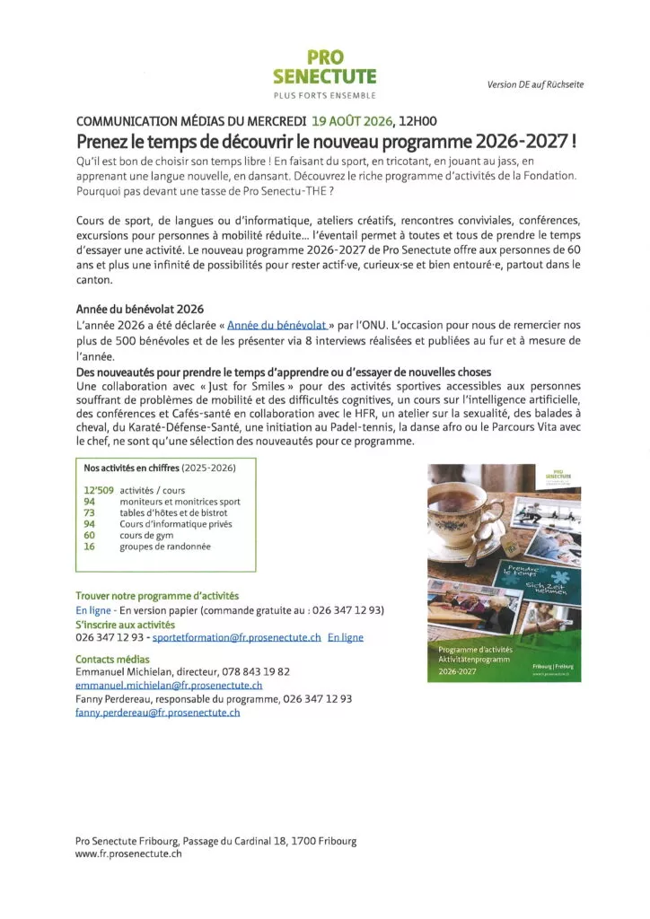 Communiqué de Pro Senectute Fribourg du 19 août 2026 sur le programme d’activités 2026-2027